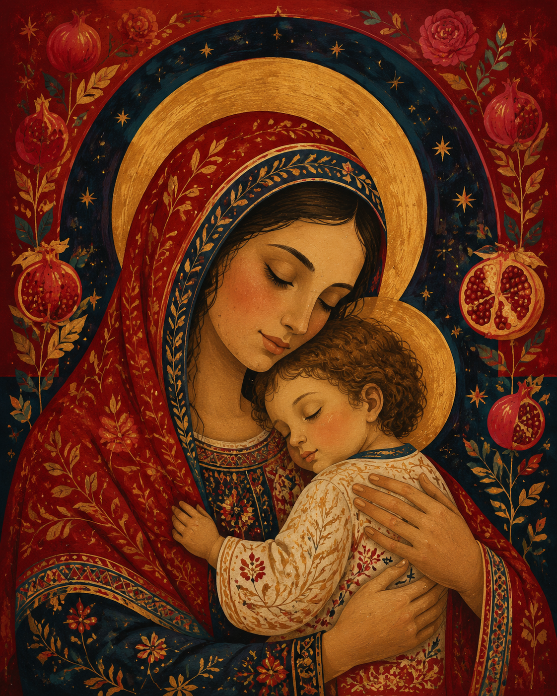 A mother holding a sleeping child beneath gold stars and pomegranate branches