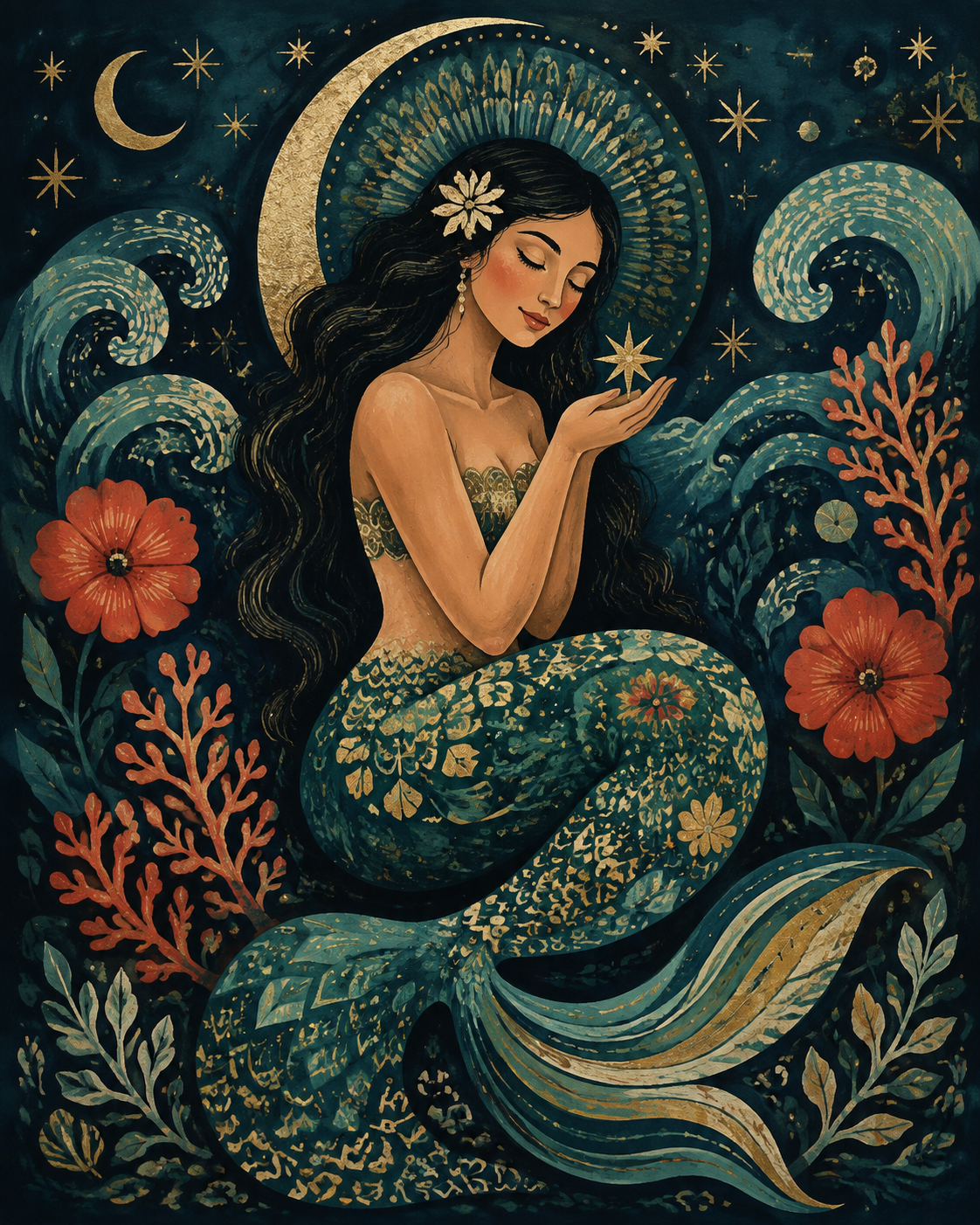 A mermaid holding a golden star among waves, flowers, coral, moon, and stars
